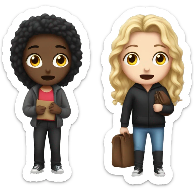  white girl with long black curly hair crying next to a thief who stole a bag sticker