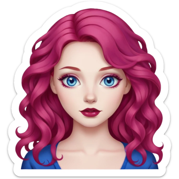 pretty baddie, dark pink/red wavy hair, pale skin, long hair, blue eyes, makeup sticker