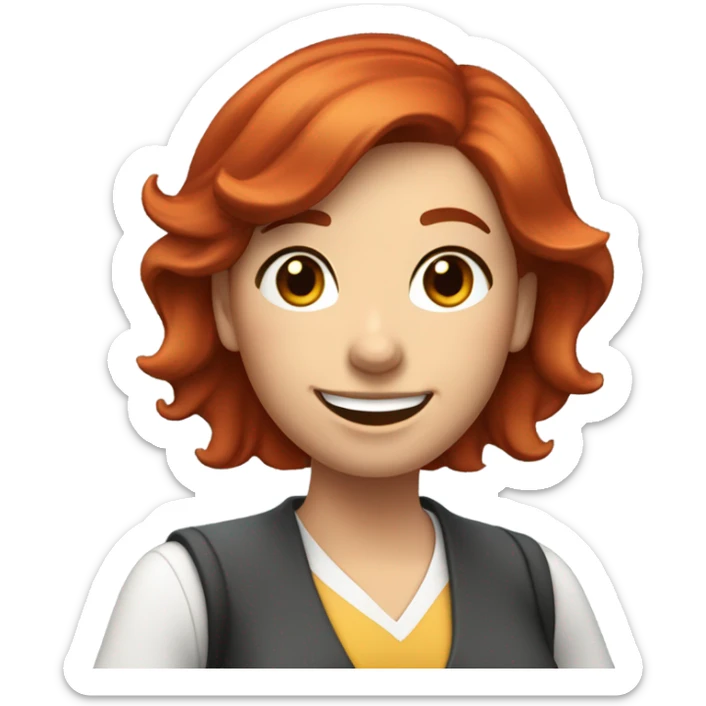 happy science school teacher: a female school teacher, with red hair and dark brown eyes, smiling with her hand waving to say hello to students. the image is from torso up. sticker