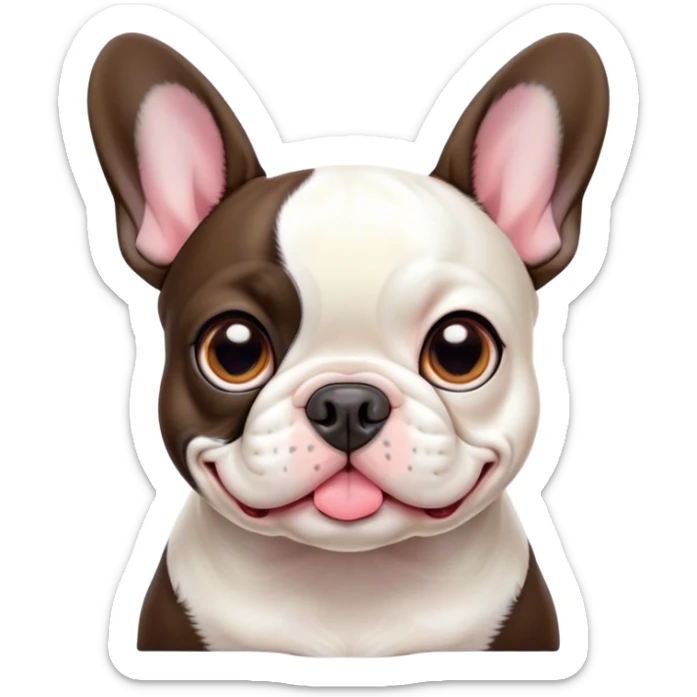Cinematic Cute Pied French Bulldog Portrait Emoji, Head tilted with a sweet, mischievous grin and large, inviting eyes, featuring a unique pied fur of contrasting colors, simplified yet irresistibly endearing, highly detailed, glowing with a warm, playful radiance, high shine, exuding a quirky charm and affectionate personality, styled with a soft, lighthearted outline, capturing the essence of a cute Pied French Bulldog that looks ready to charm its way into your heart! sticker