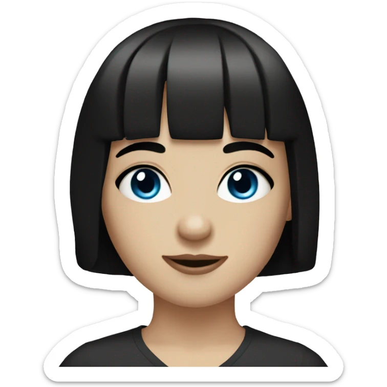 A girl with pale skin, blue eyes and black hair with bangs on the eyebrow sticker
