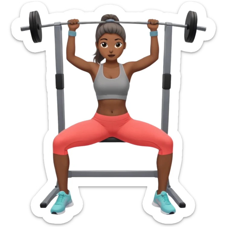 Mujer en gimnasio, peruana con coleta top corto gris y pantalón gris. Haciendo jalón al pecho  sticker