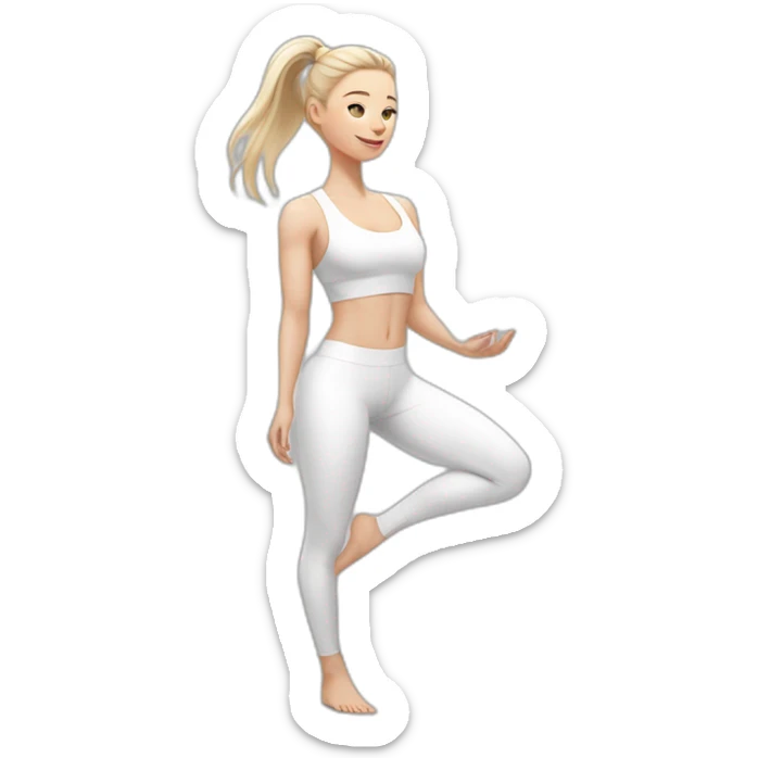 Pale skinned fit woman In a white tight yoga suit With ash blonde hair in a ponytail and gray eyes doing yoga sticker