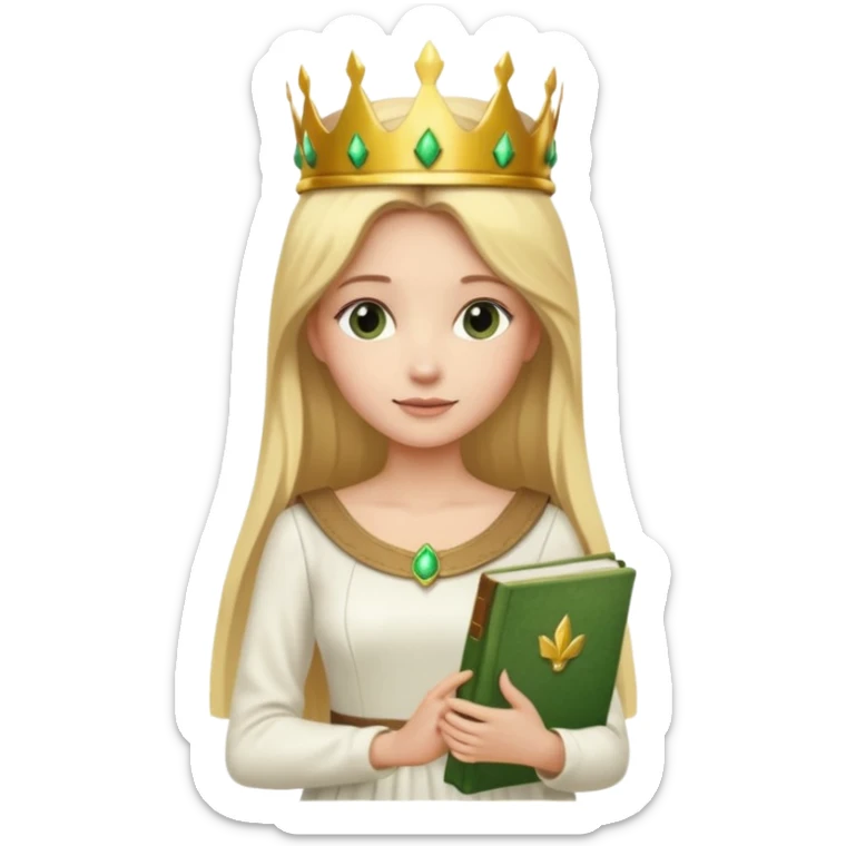 Long blonde straight Hair Women with green Book, white dress , crown

 sticker