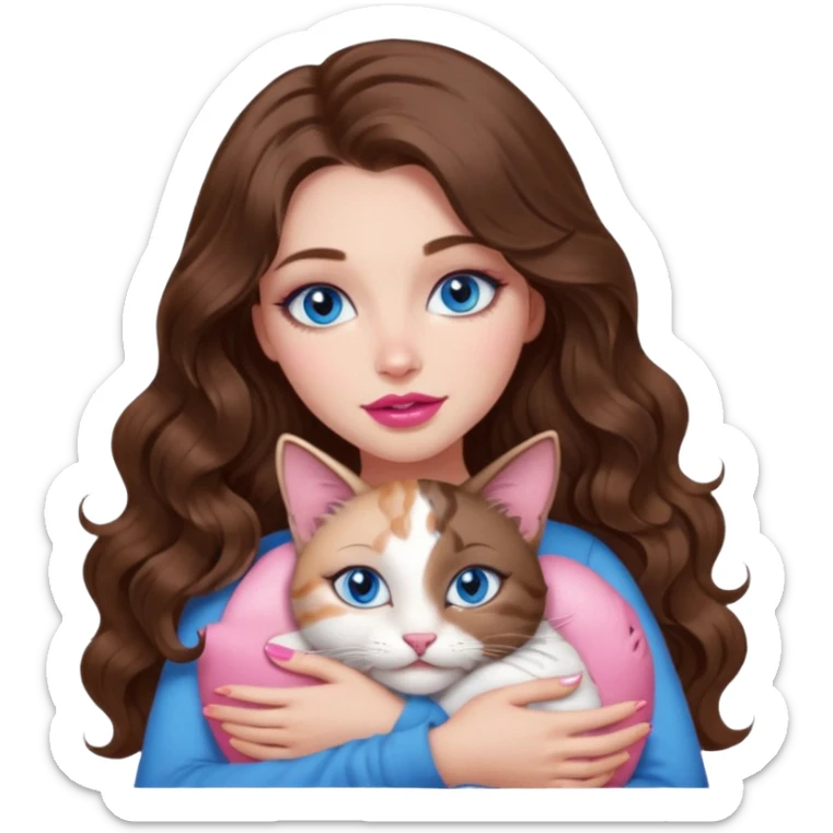 girl with long wavy brown hair, blue eyes, long lashes makeup, sexy pink lips, cuddling with 6 cats sticker