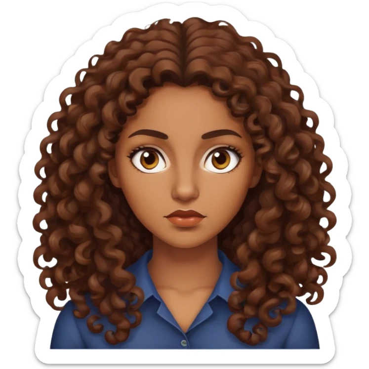 "- Nữ
- 30 tuổi
- Da nâu
- Tóc xoăn nâu, dài 
- Mặt nghiêm túc
" sticker