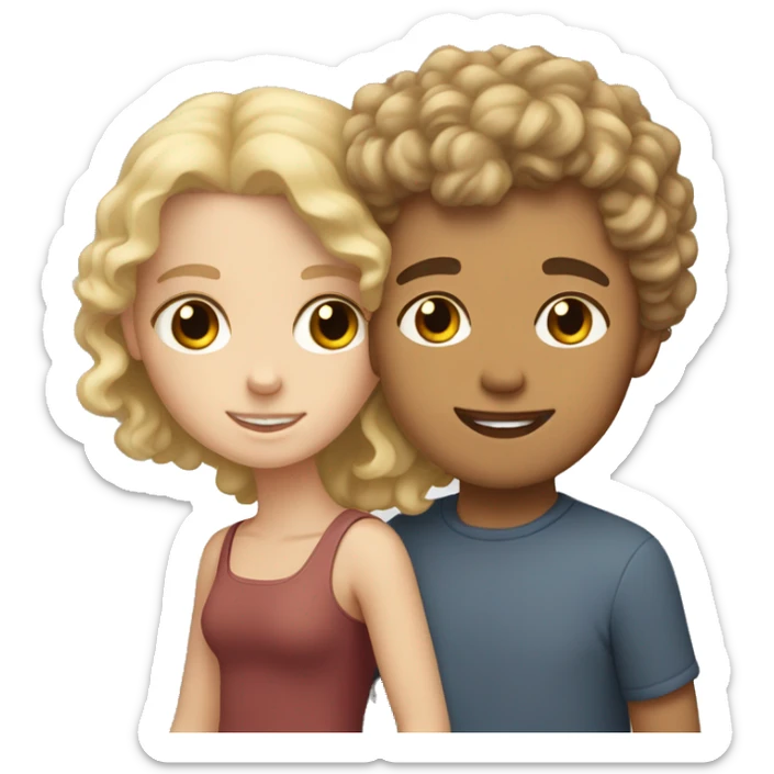 White boy with short curly blonde hair holding a mixed girl with brown curly hair hand sticker