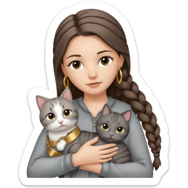 a white girl with long brunette hair in one braid that is over her shoulder. shes holding a grey cat. the girl has long lashes and has on a grey zip up that is half way zipped  and under a white shirt and gold bracelets. sticker