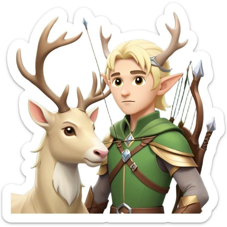 clash-of-clans-aesthetic-blond-male elf-archer-portrait-emoji, rendered in a flat, vector-style with minimal shading and bold holding his bow, simplified shapes, head tilted slightly forward with a determined, focused expression, riding a majestic white stag whose antlers glow with mystical energy, set against an ancient, enchanted forest backdrop. sticker