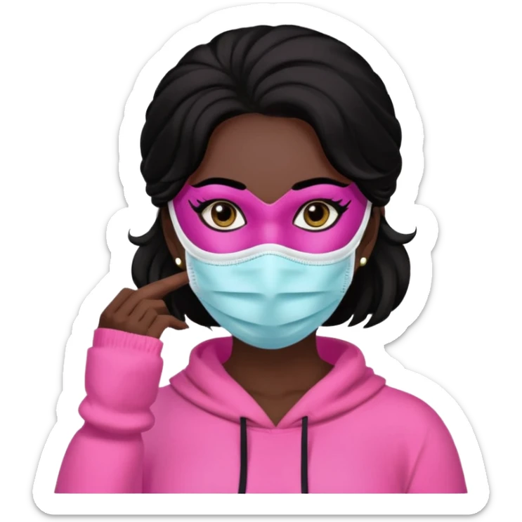 Mujer con mascarilla y un conjunto rosado,dando vibras super bonitas,morena con cabello negro sticker
