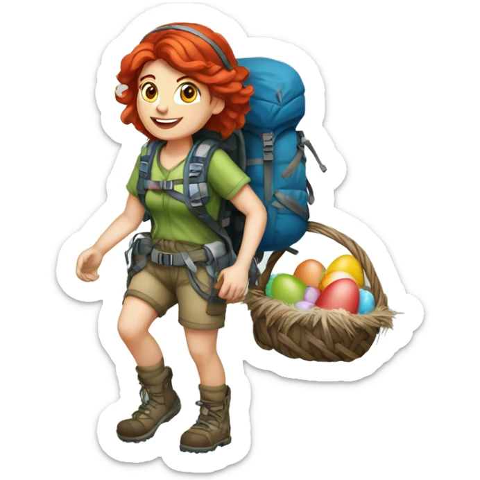 Female mountain climber red hair climbing, Greek flag on backpack and holding Easter eggs basket sticker