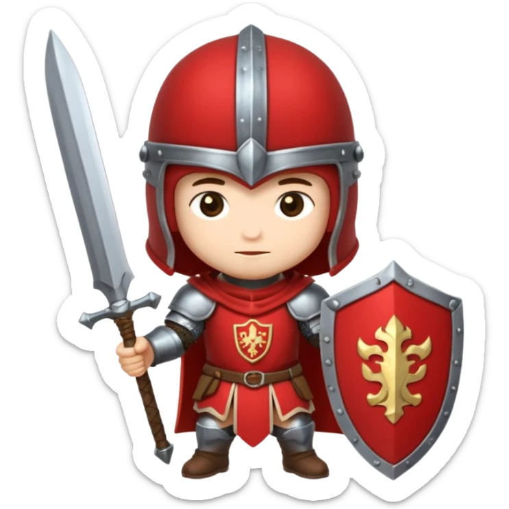 Um guerreiro estilo chibi/cartoon, vestindo armadura prateada brilhante, com capacete medieval e um penacho vermelho no topo. O personagem faz uma cara sério, chocado " :| ". O fundo é preto, destacando bem o personagem. sticker