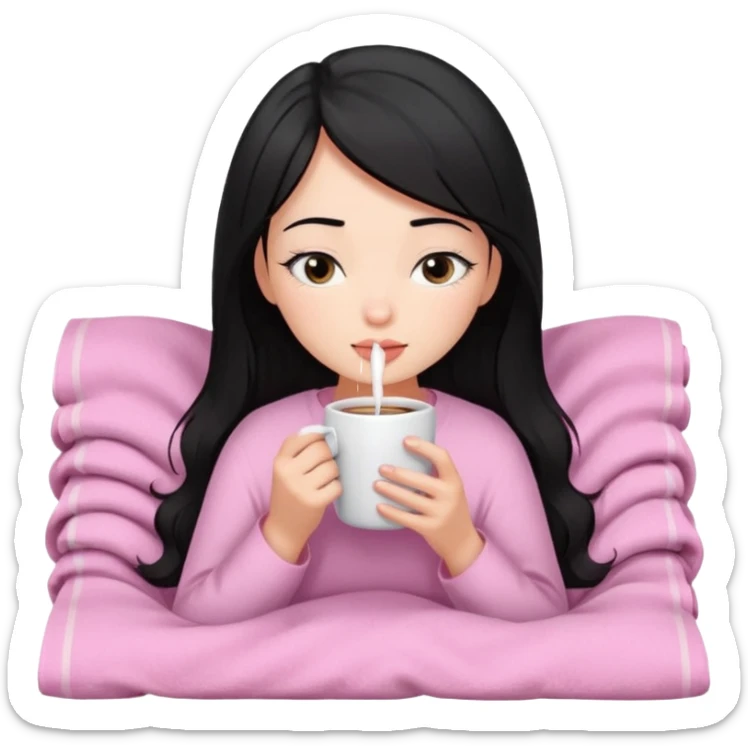 black haired girl inside a pink blanket sipping coffee with eyes closed and lashes sticker