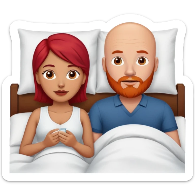 White Bald man with red beard and Hispanic woman with dark brown hair in bed sticker