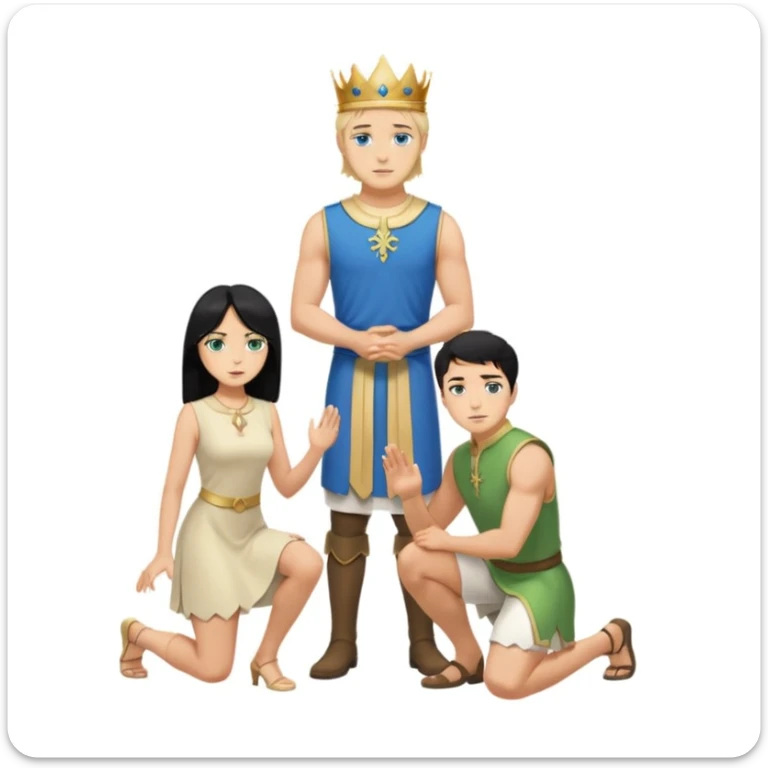 Man as king, standing, black Hair, blue eyes, female Servoamt, blonde, green eyes, shott white sleveless Dress, kneeling, background palace sticker