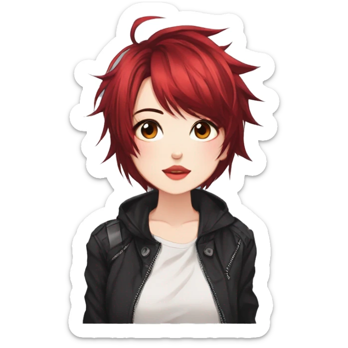 Gorgeous anime style tomboy with blushing face aesthetic and pretty edgy black red punk hair with hair garment trending style sticker