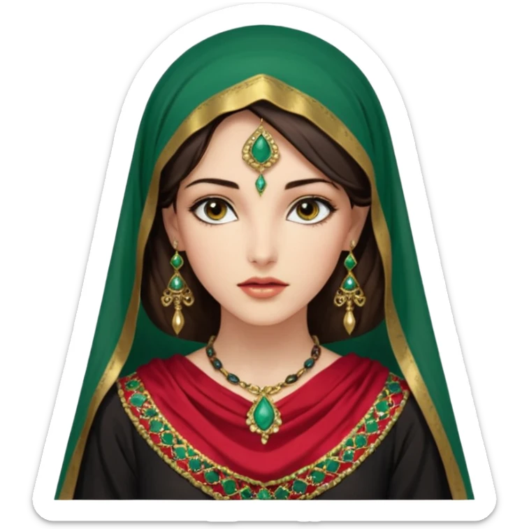 Mujer joven, morena, de gran belleza y porte misterioso.
 mirada intensa y fija; labios marcados.
 Negro, largo, suele ir cubierto parcialmente por un velo
 Ropa de inspiración árabe: túnica colorida (rojo, dorado, verde esmeralda), con detalles dorados o lentejuelas; brazaletes y pendientes. sticker