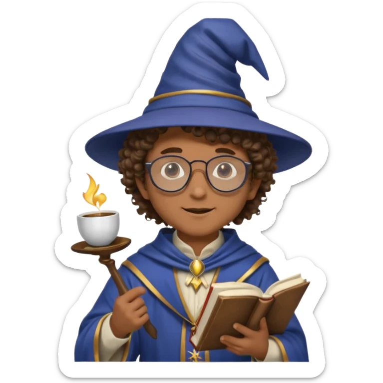 A Joyful Child Male with Brown skin and Curly hair, wearing a Traditional outfit, a Wizard hat, Sunglasses, carrying a Spellbook, working as a farmer, while drinking Coffee and reading a Textbook. sticker