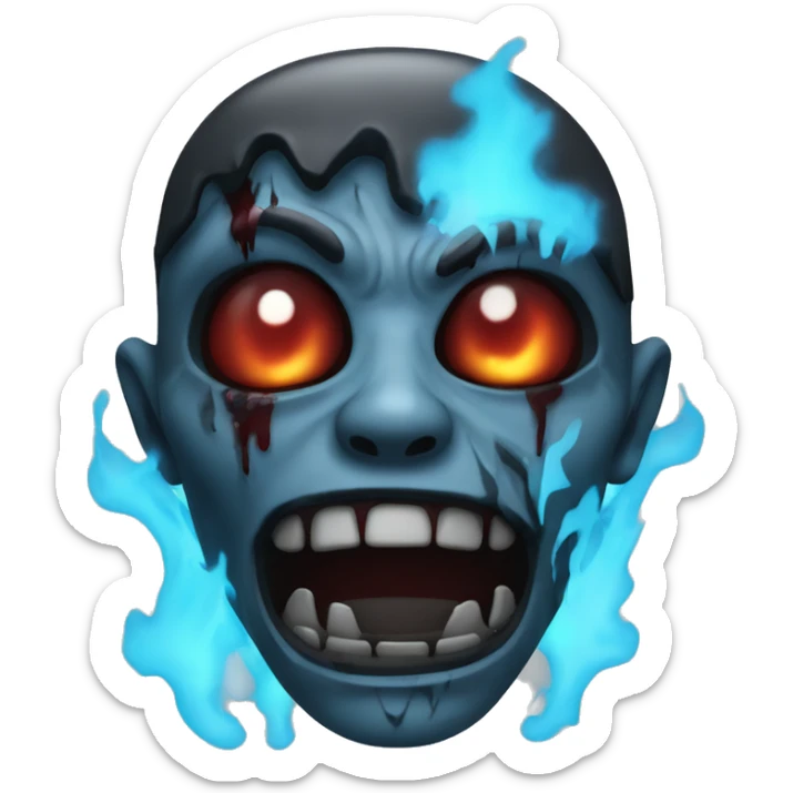 Dark black gray silver maroon zombie face photograph detailed blue flames blue glow sticker