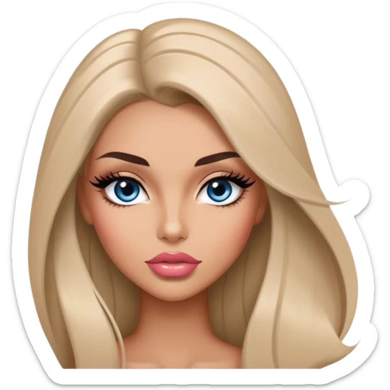 Glamours, tanned, very beautiful girl, with big pump peach-beige-rose lips, long long lashes, black straight smooth silky long hair, straight parting hair, blue-grey eyes sticker
