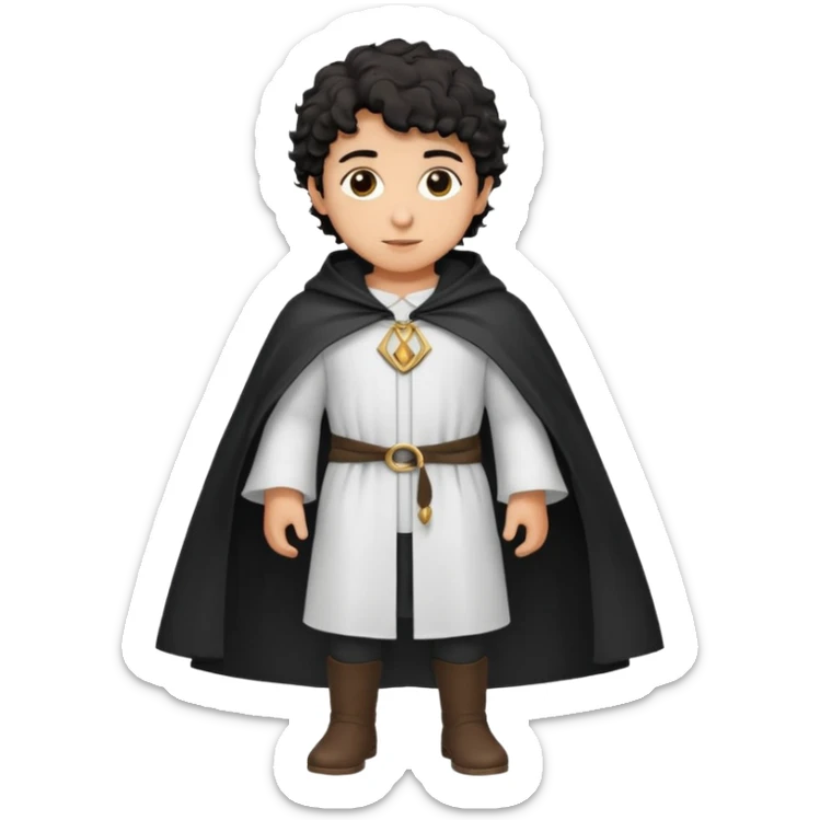 Apariencia: Joven de unos 25-30 años, atractivo,.
-Rostro: Ojos oscuros, piel ligeramente morena, rasgos árabes finos.
-Cabello: Negro, rizado corto, viste como cristiano (camisa blanca, capa corta, colores sobrios). Que salga de cuerpo completo sticker