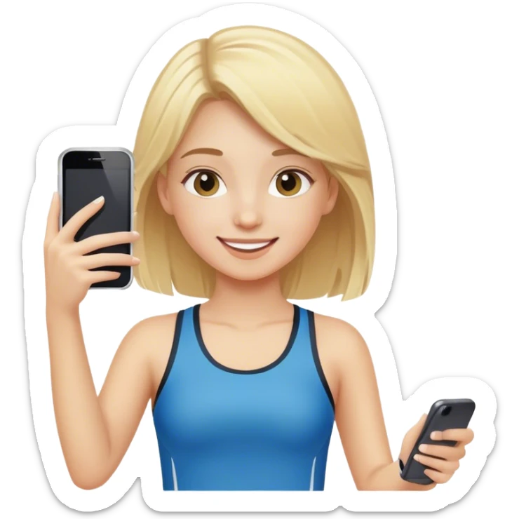 happy girl with blond hair and sports clothes take a photo with her phone sticker