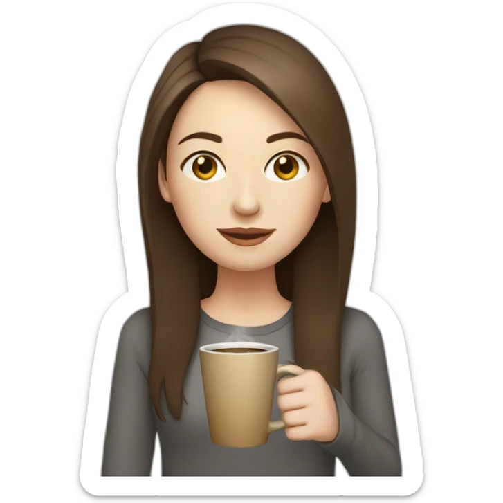 woman with long straight brown hair and pale skin carrying laptop and a coffee mug sticker