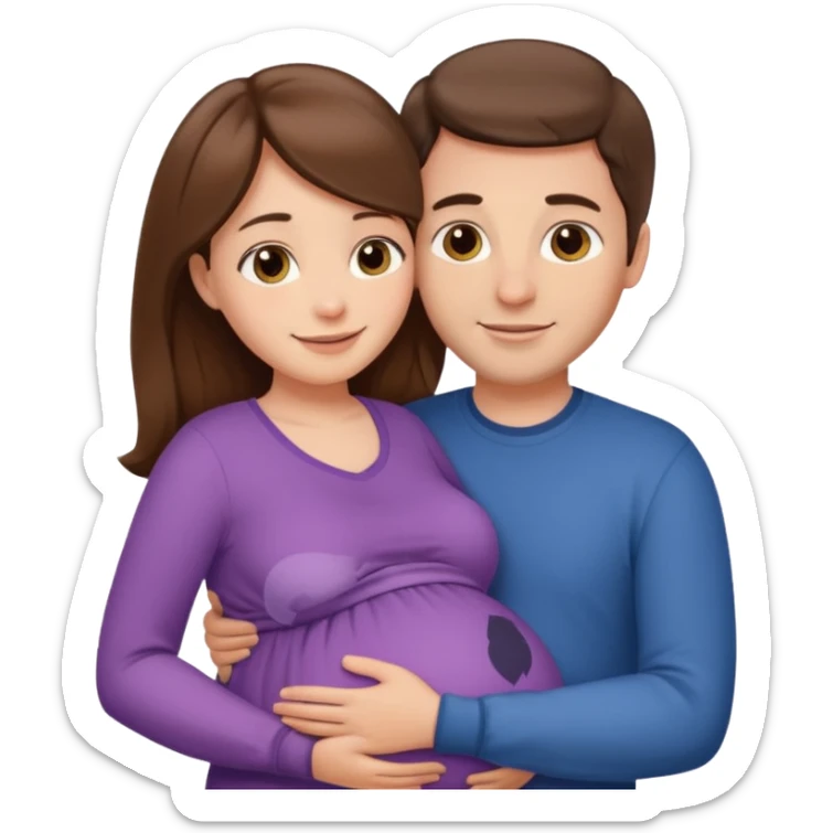 

“Pregnant woman with long brown hair and fair skin and man with short brown hair and fair skin hugging each other.”

 sticker