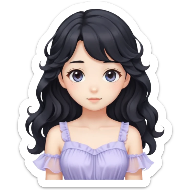 Pretty anime girl with flowing black wavy hair and a soft delicate pastel dress, kawaii style sticker