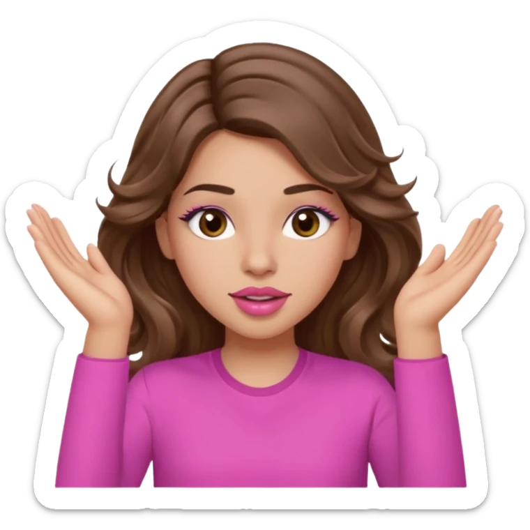 girl with long wavy brown hair, brown eyes, light to medium complexion, in a pink shirt, pink lips, long lashes, puckered lips, both hands in teh air sticker