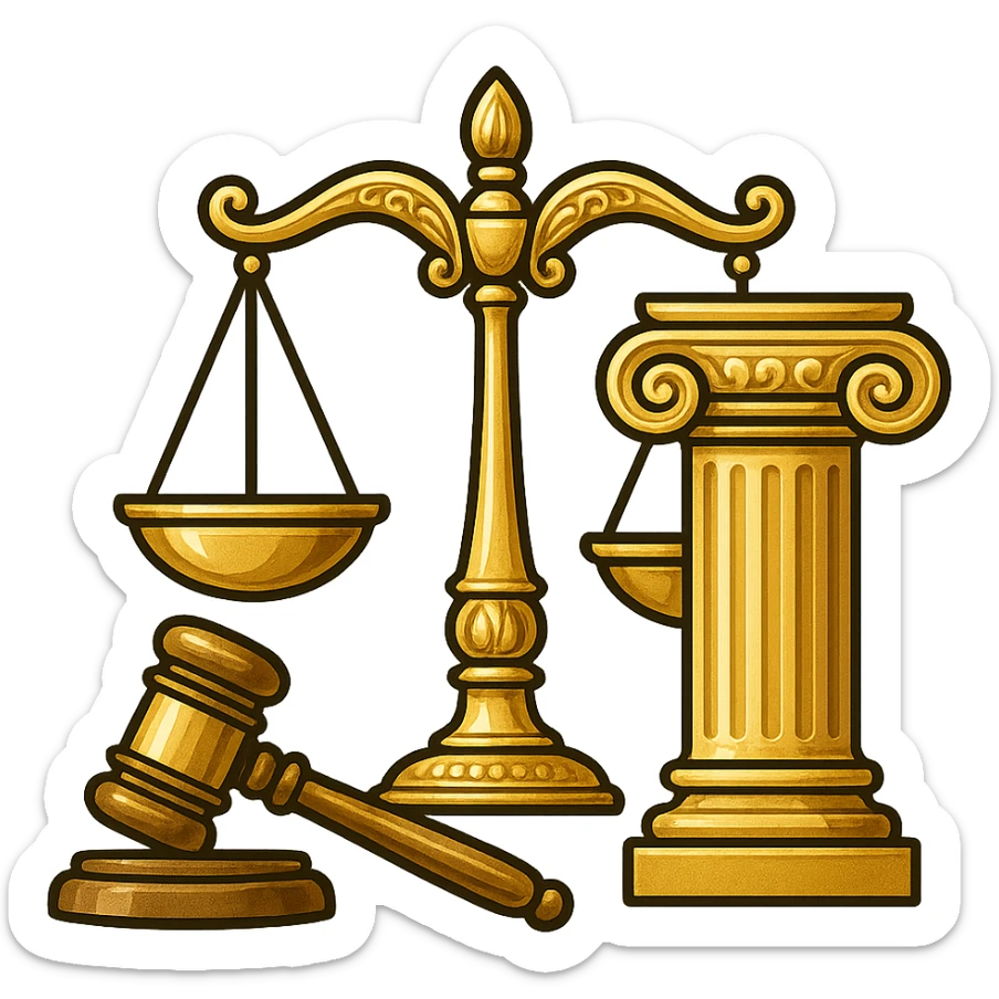 Vector illustration of a classic symbol of law (e.g. scales of justice, gavel, courthouse column), designed with elegant and refined lines. Include intricate golden detailing, soft gradients for a polished metallic look, and realistic shadows and highlights for depth. Style should be clean and professional, with a modern yet timeless feel. Transparent background sticker
