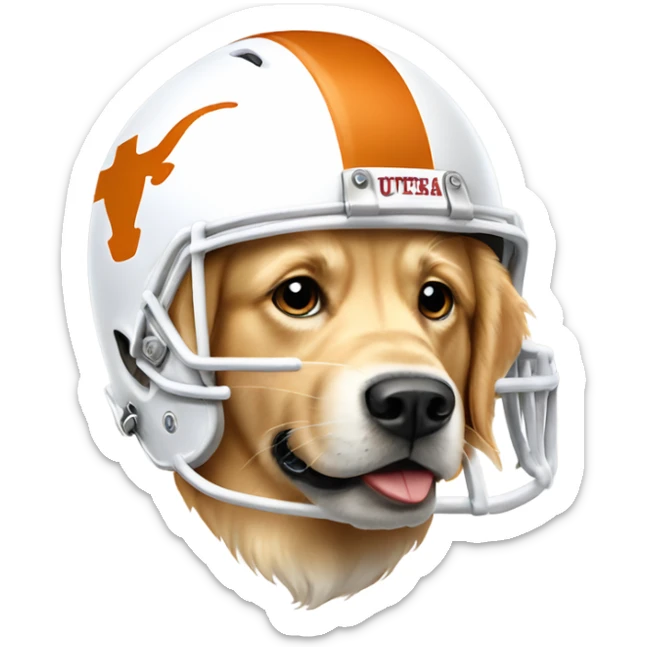 Golden retriever dog wearing university of Texas football helmet  sticker
