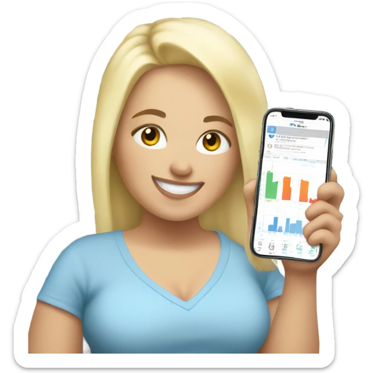 overweight blondie woman happy with a smartphone in hands showing charts sticker