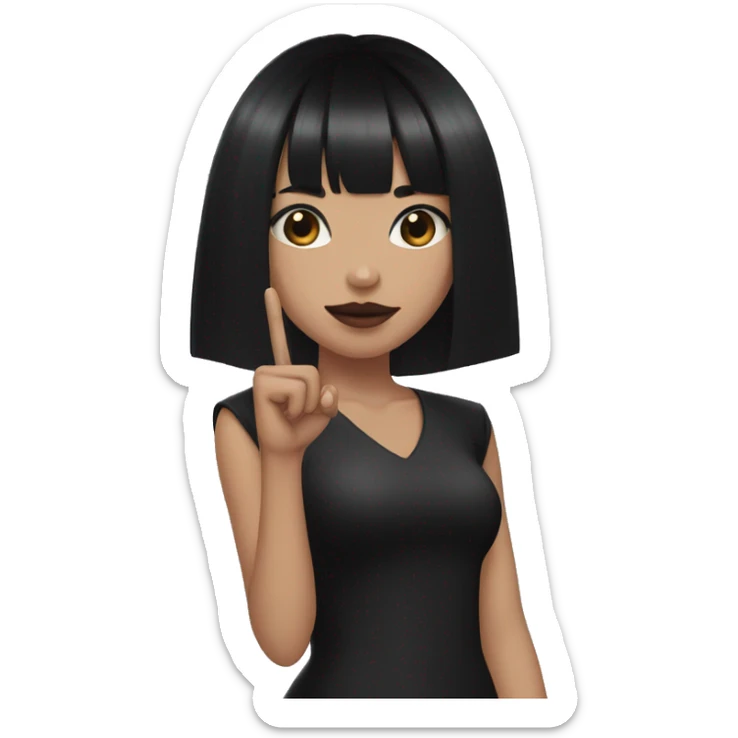Goth girl with v shaped bangs, black hair of medium length, brown eyes, holding up a middle finger   sticker