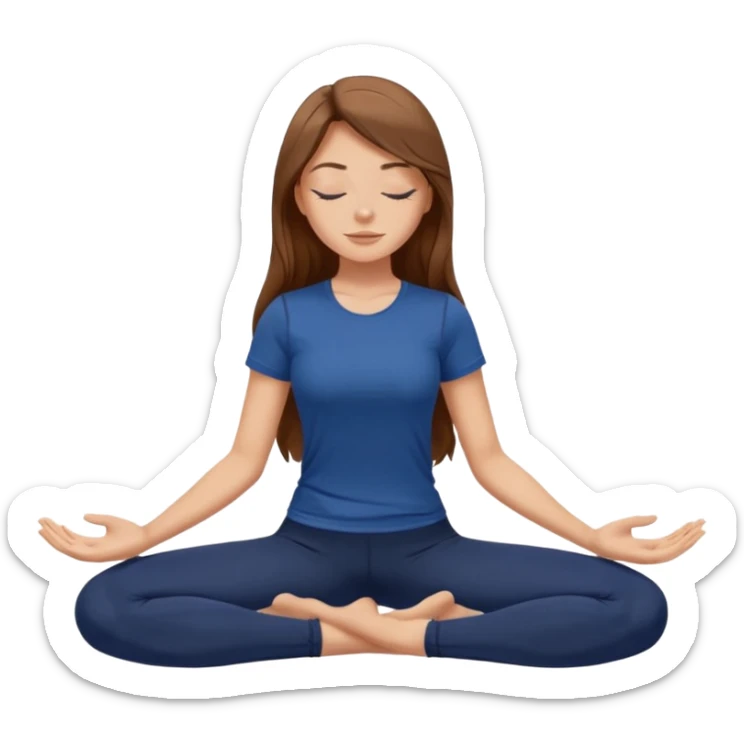Brown long haired white girl with closed eyes in dark blue leggings and a black t-shirt sits on the splits sticker