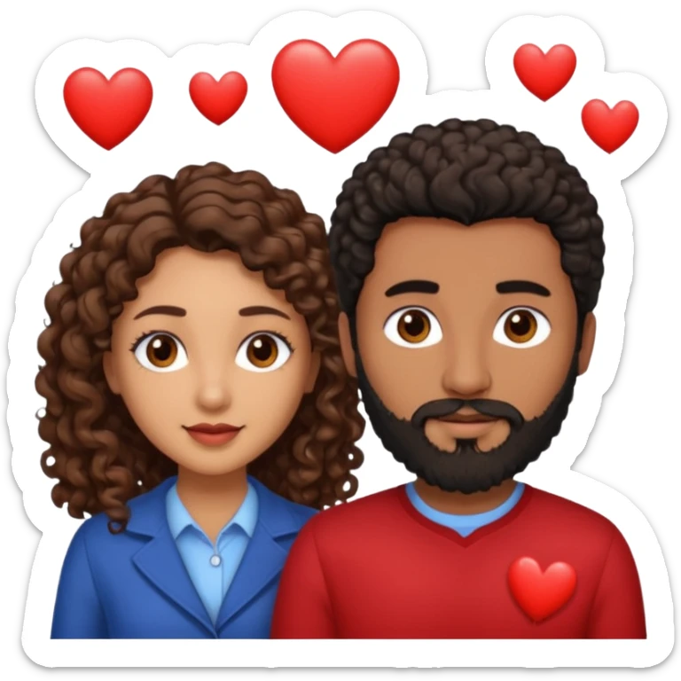 pareja de Mujer morena rizada cabello largo castaño ojos oscuros y hombre blanco con cabello negro corto con barba y ojos marron alrededor de la pareja corazones sticker