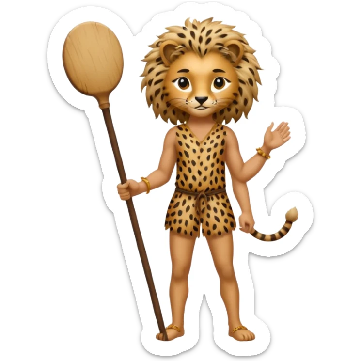 Give me a human who has hunch back and wearing cheetah print lot of hair on his body show full body and has a stick in his hand sticker