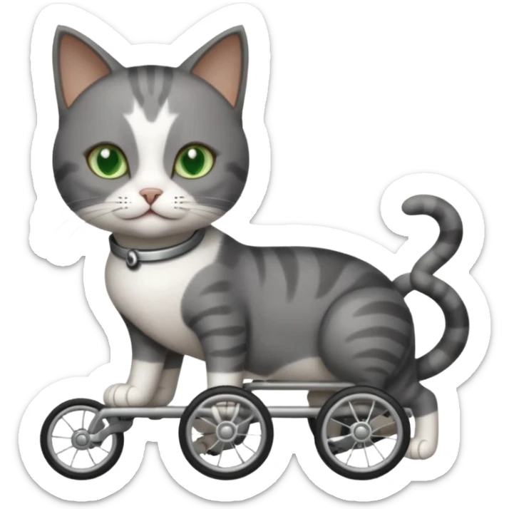 full body small short hair dark grey and white cat with green eyes walking in a wheelchair for cats sticker