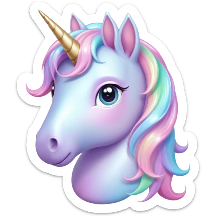 Cinematic pastel-colored unicorn, flowing iridescent mane, big sparkling eyes, tiny rounded hooves, soft chubby cheeks, delicate magical glow surrounding, enchanting and dreamy. sticker