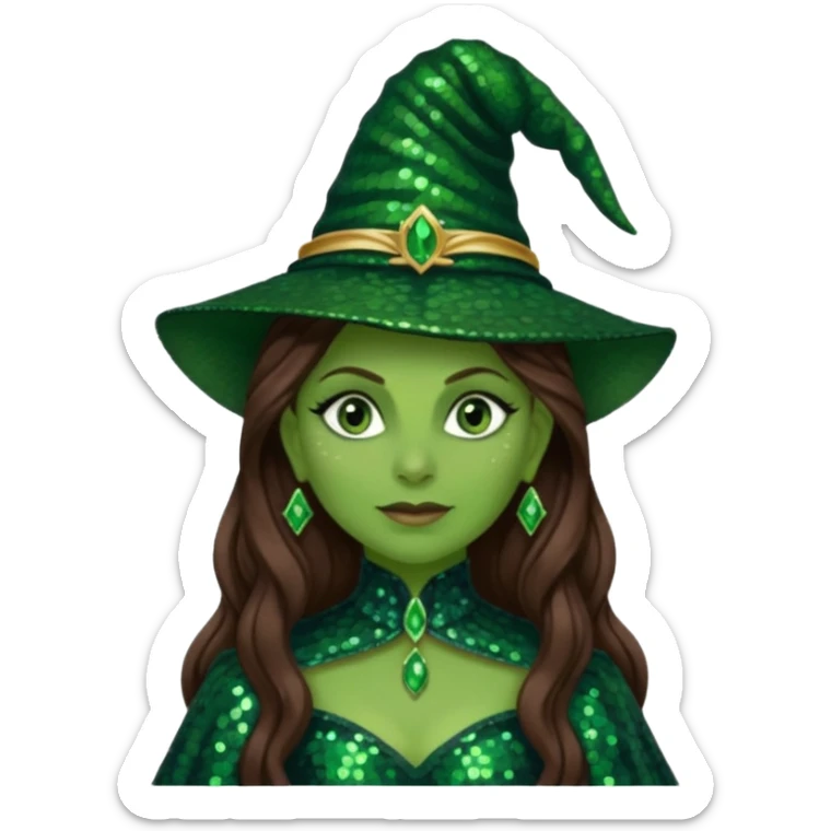 Elphaba from The Wizard of Oz with long brown hair, dark green sequin outfit, green skin sticker