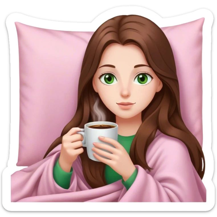 A pretty white girl with very long brown hair and green eyes in a light pink blanket sipping coffee sticker