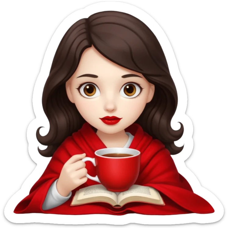 Long wavy dark brown haired, white skinned, dark big eyed girl with red lipstick wrapped in a red blanket, sipping tea and reading a book sticker