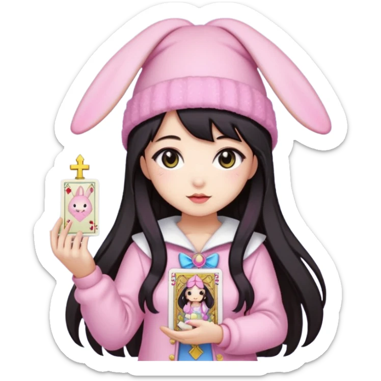 pixel art chibi asian girl with dark long hair in pink bunny hat magical girl with kawaii tarot cards thrown in air pixel emoji sticker