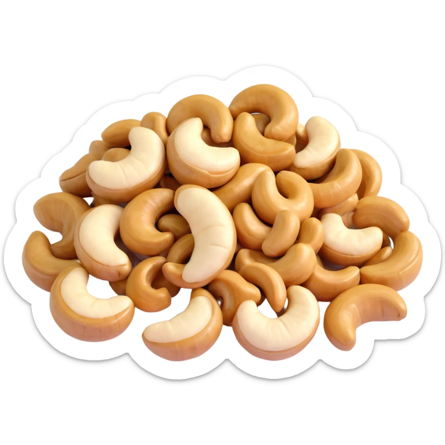 3D color illustration of small pile of glossy roasted cashew nuts, crescent-shaped, realistic texture, light tan color, grouped for detail, emoji-like 3D style, white background sticker