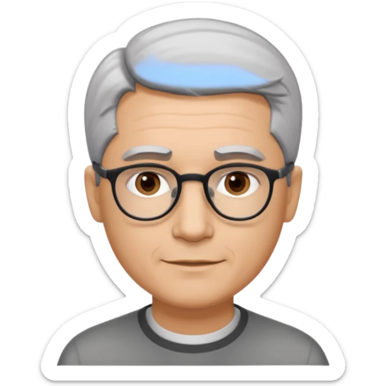 A man emoji with light skin, neatly combed short gray hair parted to the side, straight dark eyebrows, brown eyes behind black-framed glasses, an oval-shaped face, a small nose, and a subtle smile with no facial hair. sticker
