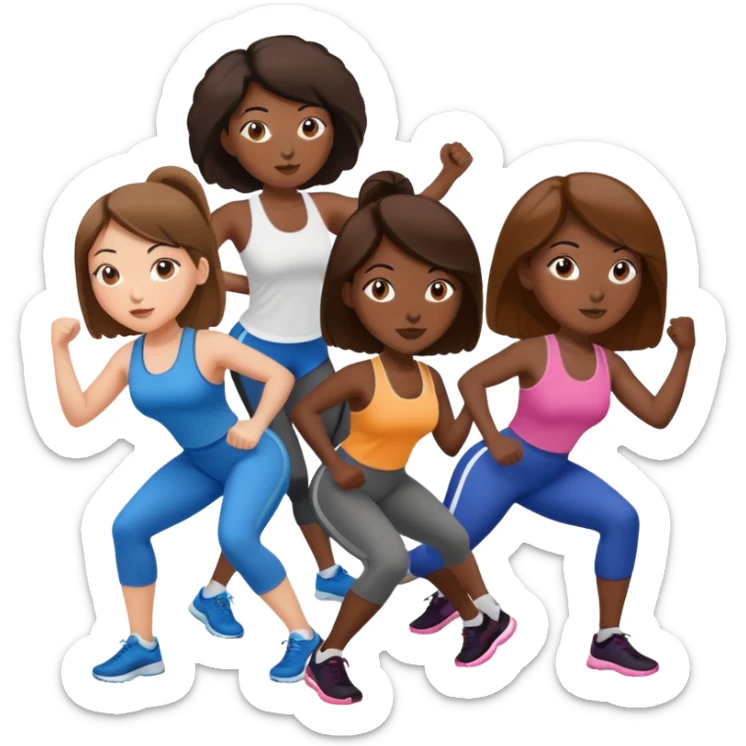 three women friends exercising together, one black woman with brown hair, two white women with brown hair sticker