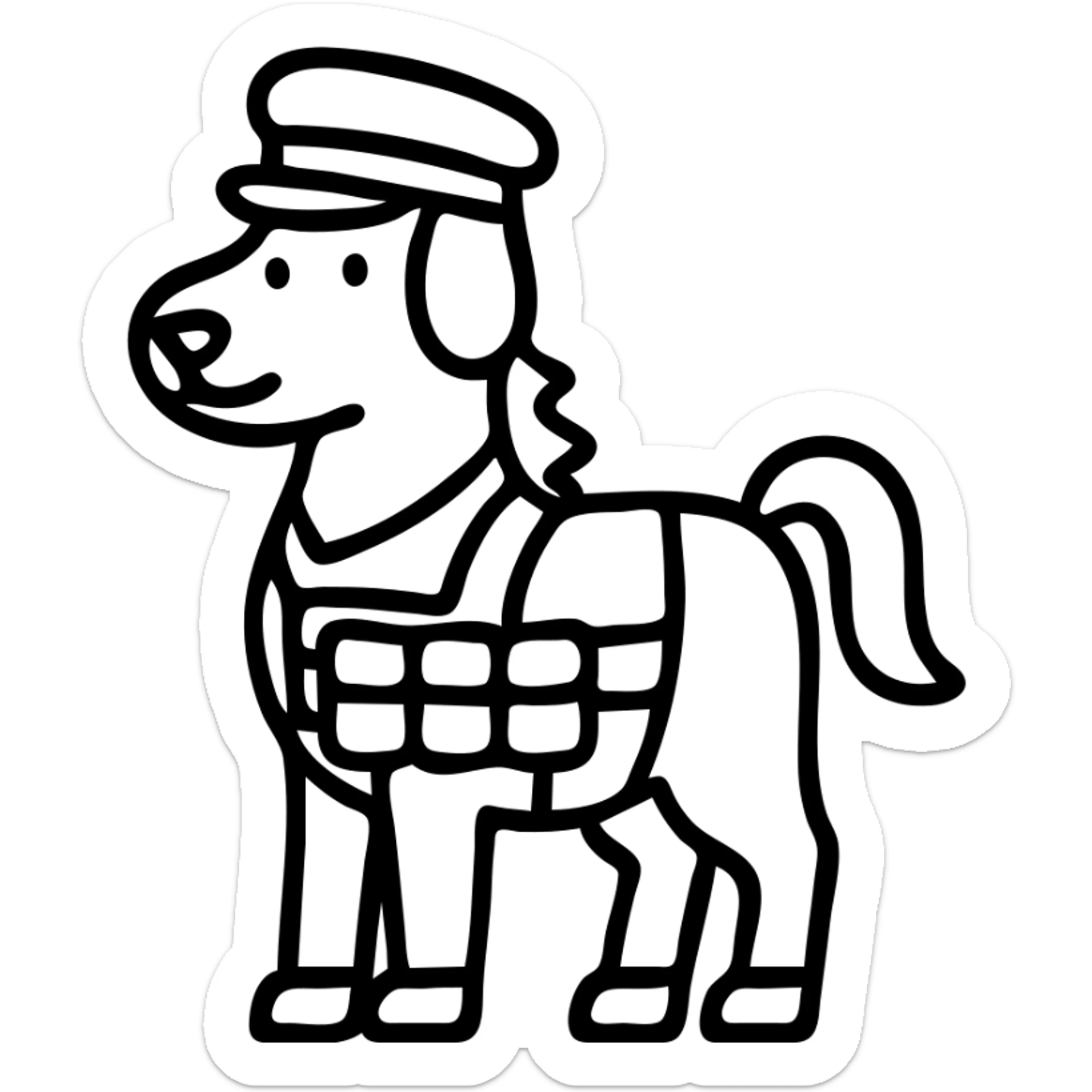 A whimsical horse with a dog's face wearing a soldier's hat and military gear sticker