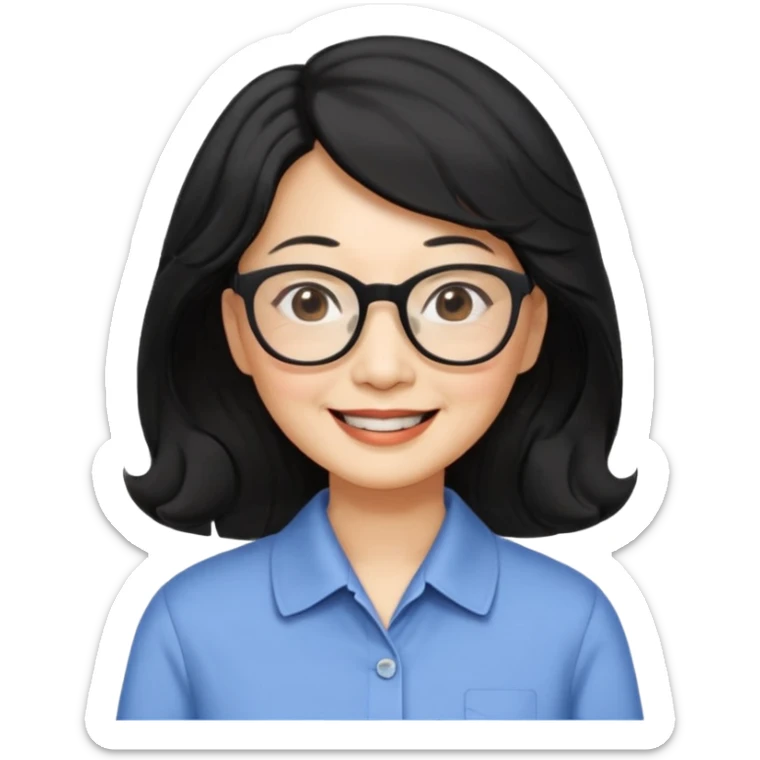 60 yr old asian woman, wavy thick black hair past shoulder length, side part, side swept bang, big smile, collared shirt, long hair, glasses sticker
