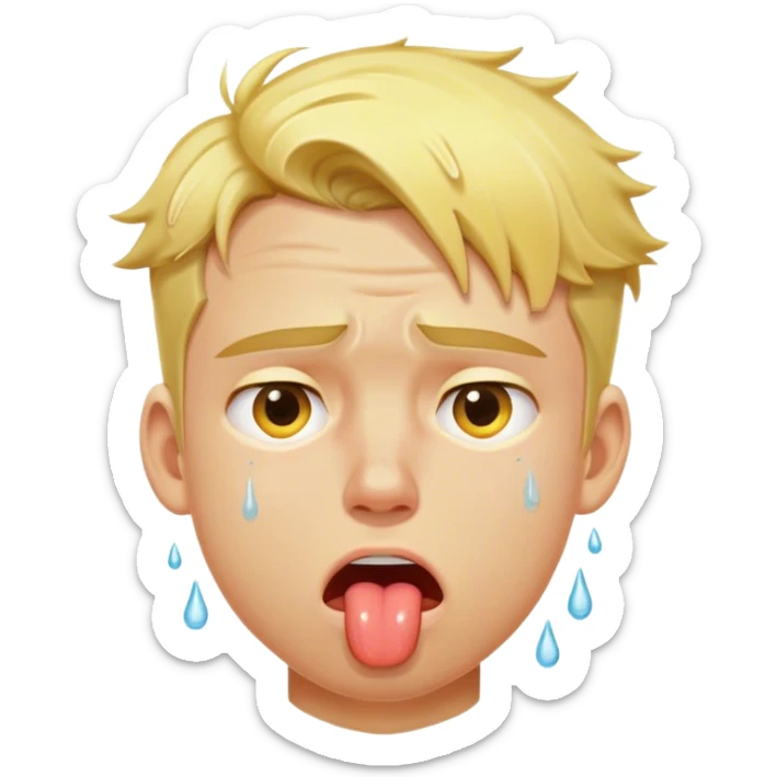 The image depicts a young man with yellow-toned skin and blond hair. His face looks extremely exhausted, with his tongue sticking out and large sweat drops running down his forehead and cheeks. His expression and posture convey intense heat and discomfort. sticker