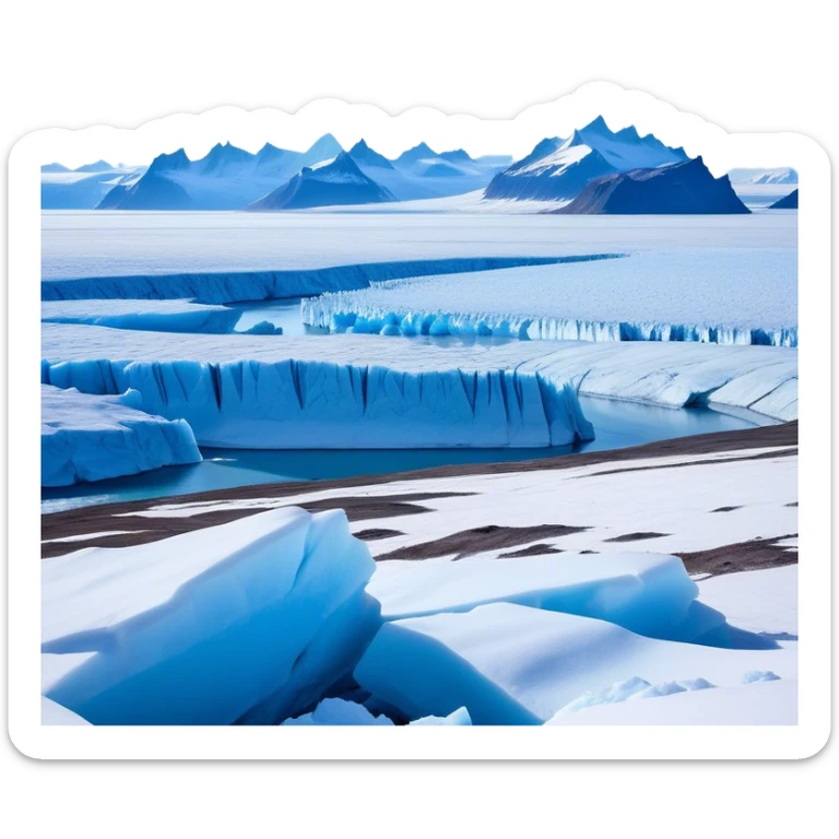Cinematic Realistic Tundra with Glaciers Emoji in a wooden frame, Vast and frozen, with endless expanses of snow-covered ground interrupted by massive glaciers creeping across the landscape. Jagged ice formations rise in the distance, their icy blue tones contrasting with the pale, frosty sky above. Sparse grasses and hardy shrubs cling to the frozen earth, fighting against the relentless cold. The light reflects off the snow and glaciers, casting a soft glow across the desolate yet majestic terrain. Soft glowing outline, capturing the essence of a serene, stark wilderness where glaciers dominate and life endures in the harshest conditions. sticker